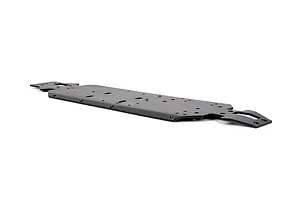 A black Rovan aluminium main chassis plate for an RC vehicle, shown from a low angle against a white background.