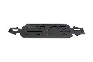 A black Rovan V5 aluminium main chassis plate for an RC car, featuring various cutouts and mounting holes, isolated on a white background.