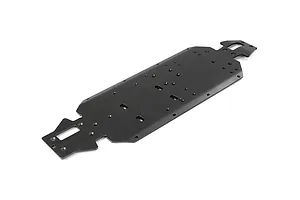 A black Rovan V5 aluminium main chassis plate for an RC car, shown from a high-angle perspective against a white background.