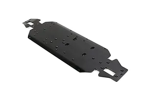 A black Rovan aluminium V5 main chassis plate for an RC car, shown from an elevated angle against a white background.