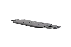A black Rovan aluminium V5 main chassis plate for an RC car, viewed from a low angle against a white background.