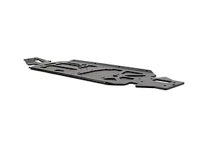 A black Rovan aluminium V5 main chassis plate for an RC car, shown from a low-angle perspective against a white background.
