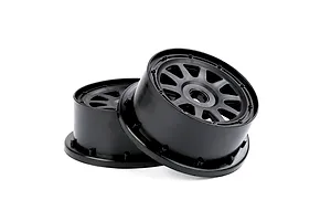 Two black Rovan 1/5 scale short course RC rear rims stacked on a white background.