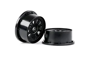 Two black plastic 1/5 scale RC short course rear rims positioned on a white background.
