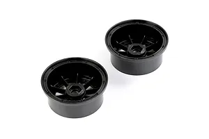 Two black plastic 1/5 scale RC short course rear rims shown from an angled perspective on a white background.