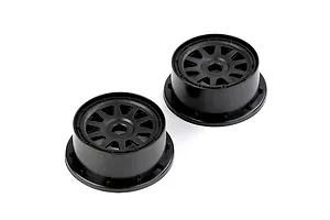 Two black Rovan 1/5 scale short course rear rims for RC cars, shown from a high angle against a white background.