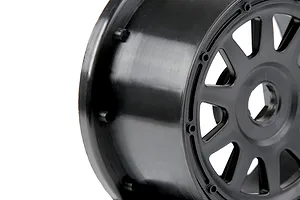 A close-up view of a black Rovan 1/5 scale RC short course rear rim against a white background.