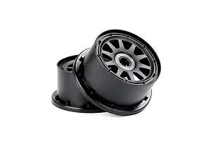 Two black Rovan 1/5 scale short course RC rear rims stacked against each other on a white background.