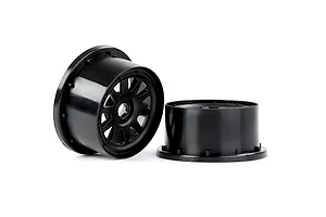 Two black Rovan 1/5 scale short course RC car rear rims positioned on a white background.