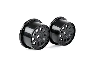Two black Rovan 1/5 scale 5SC rear RC car rims shown from a side angle on a white background.