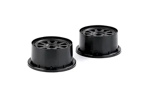 Two black Rovan 1/5 scale short course rear rims for RC cars, shown from a high angle against a white background.
