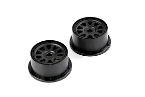 Two black Rovan 1/5 scale short course rear rims for RC cars, shown from a high angle against a white background.