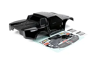 A black Rovan 1/5 scale 5SC short course RC truck body shell with a decal sheet and body clips on a white background.