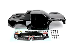 A black Rovan 1/5 scale short course truck body shell with a decal sheet and body clips on a white background.