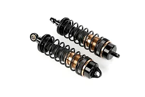 Two Rovan aluminium front adjustable shock absorbers in bronze and black finish, isolated on a white background.