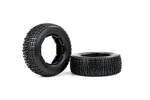 Two black Rovan 1/5 scale RC short course truck tyres with a blocky tread pattern, one standing upright and one lying flat.