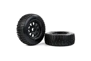 Two black 1/5 scale RC short course truck wheels with knobby tires on a white background.