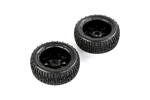 Two Rovan 1/5 scale short course RC front tyres mounted on black beadlock rims against a white background.