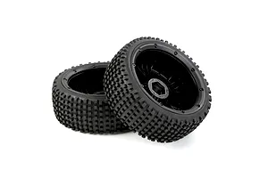 Two 1/5 scale RC buggy wheels with black closed rims and knobby Dirt Buster style rubber tyres against a white background.