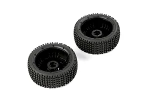 Two 1/5 scale RC buggy wheels with black closed rims and knobby Dirt Buster tires, shown from a high angle against a white background.