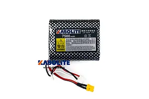 Kabolite 7.4V 7500mAh Li-Ion battery pack with a carbon fiber pattern wrap and yellow XT60 connector.