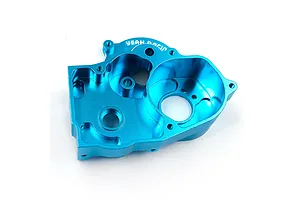 A blue anodized aluminium RC gearbox housing by Yeah Racing, viewed from the inside.