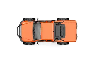 Top-down view of an orange MJX RC Allrock 1/8 scale electric RC rock crawler truck on a white background.