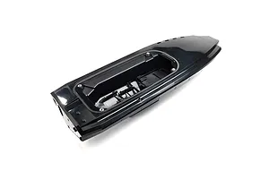 A black RC boat hull shown from a high angle, featuring an open cockpit area and internal mounting structures.