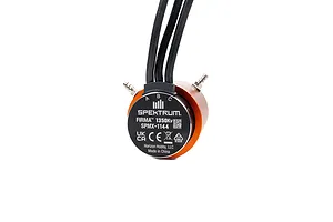 A Spektrum Firma 1350KV brushless marine motor with orange casing, black end cap, and three black wires extending from the top against a white background.