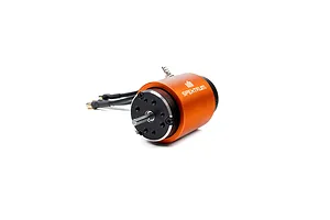 Spektrum 1350KV brushless marine motor with an orange anodized casing and water cooling fitting, shown against a white background.