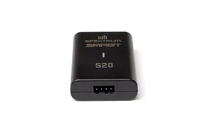 A black Spektrum S20 Smart LiPo charger unit shown from the front, featuring a 4-pin connector port and branding on the top surface.