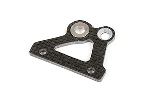 A triangular carbon fibre brake disc mount for an RC car, featuring a woven texture and metal inserts, isolated on a white background.