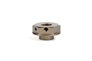 A gunmetal grey Rovan aluminium disc brake hex component for RC vehicles, shown from a side angle against a white background.