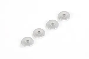 Four silver-coloured metal countersunk head gaskets arranged in a diagonal line on a white background.