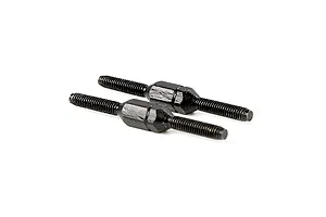 Two black metal adjustable turnbuckles for RC vehicles shown against a plain white background.