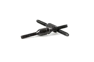 Two black metal adjustable turnbuckles for RC vehicles, shown crossed against a plain white background.