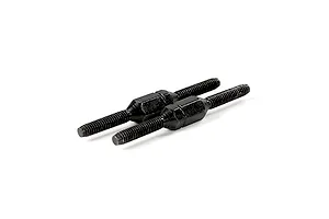 Two black metal adjustable turnbuckles for RC vehicles shown against a white background.