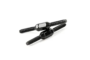 Two black metal adjustable turnbuckles for RC cars, shown against a white background.