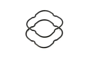 Two black rubber O-ring seals with a contoured, non-circular shape on a white background.