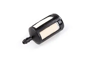 A small black plastic RC fuel filter with a white felt filter element inside, isolated on a white background.