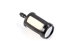 A small black plastic RC fuel filter with a white felt filter element inside, isolated on a white background.