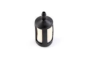 A small black and white fuel filter element for an RC engine, featuring a plastic cage and internal filter material.