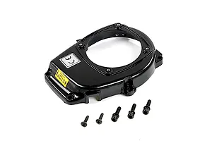 A black Rovan 45cc 2-stroke engine flywheel cover with five included mounting screws, shown against a white background.