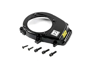 A black Rovan 45cc 2-stroke engine flywheel cover with five included mounting screws, isolated on a white background.