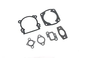 A set of six black engine gaskets for a Rovan 45cc 2-stroke RC engine, laid out on a white background.