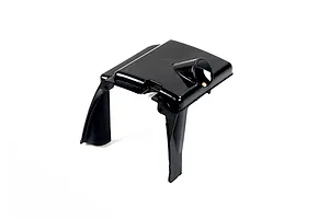 A black plastic Rovan 45cc 2-stroke engine cylinder heat guard shown from a high angle against a white background.