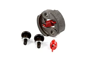 Rovan 8000RPM heavy duty RC clutch set including a two-shoe clutch assembly, two mounting bolts with washers, and a spare red clutch spring.