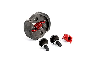 Rovan 8000RPM heavy duty RC clutch set including a two-shoe clutch assembly, two mounting bolts with washers, and a spare red clutch spring.