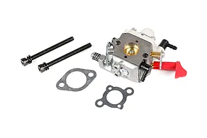 A Rovan Walbro WT997 carburettor set including the carburettor unit, two long mounting bolts, and two paper gaskets on a white background.