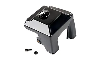 A black plastic Rovan 71cc engine cylinder heat guard with a mounting screw and washer on a white background.